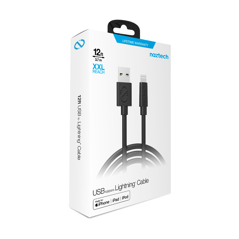 #Naztech Ladekabel USB-A - Lightning 3,6 m, Sort